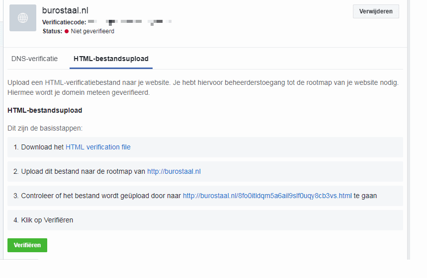 Facebook domein verificatie - bestand uploaden