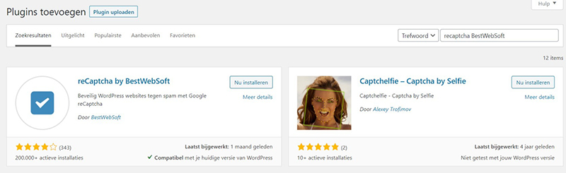 Schermafbeelding van de zoekresultaten wanneer je in de WordPress plugin repository naar recaptcha BestWebSoft zoekt.