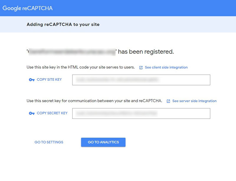 Schermafbeelding van het instellingenscherm van de Google reCAPTCHA tool zodat je de instellingen over kunt nemen.