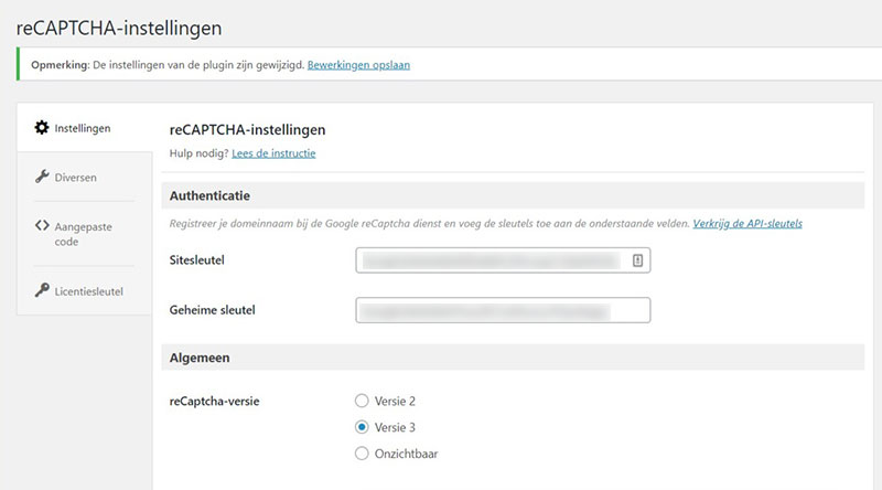 Schermafbeelding van de formulier waarop je de Google reCAPTCHA sleutels over kunt nemen in de BestWebSoft plugin.