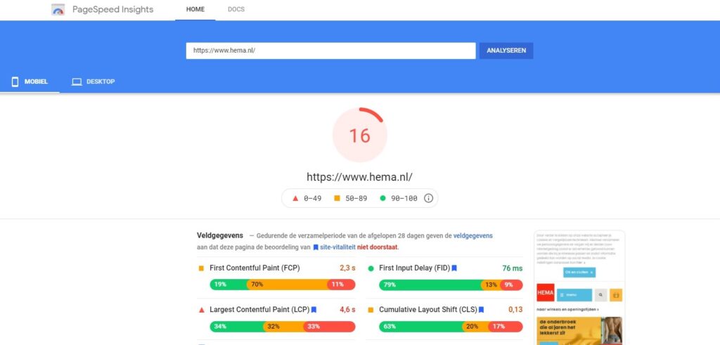 Schermafbeelding van scores in de Google Web Vitals test tool op de website van Google