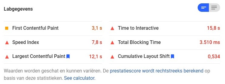 Scermafbeelding van een deel van de resultaten van een Core Web Vitals test