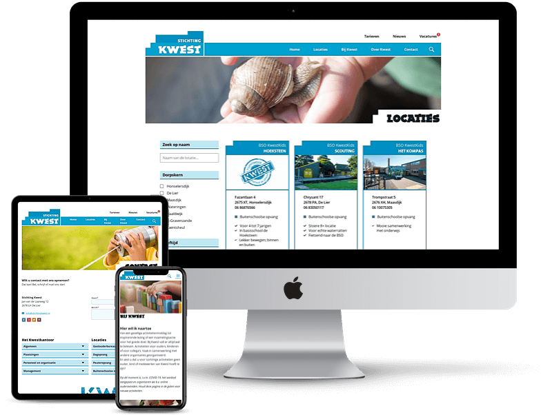 Schermafbeeldingen van diverse pagina's van website Stichting Kwest op diverse devices.