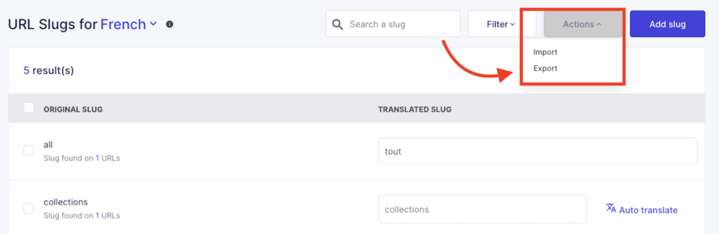 URL's importeren/exporteren via de actions knop in Weglot
